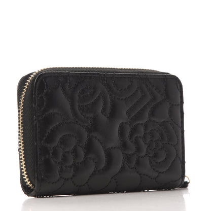 Chanel Lambskin Camellia Embossed Zip Coin Purse Black 3 of 8