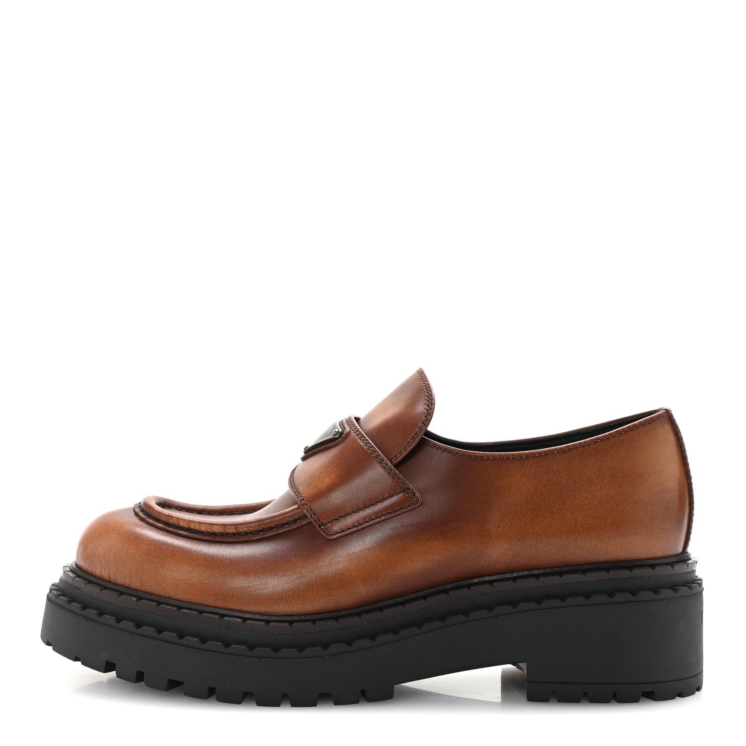Prada Spazzolato Fume Metal Triangle Logo 50mm Loafers 38.5 Cognac 1 of 10
