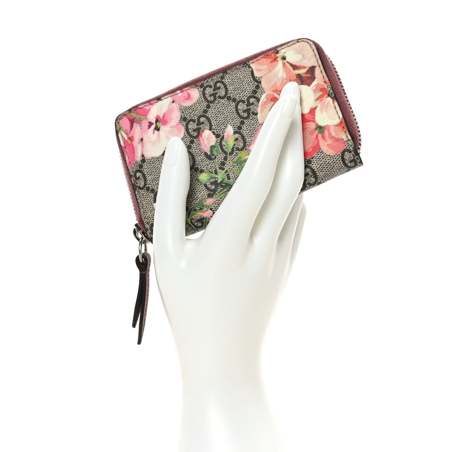 GG Supreme Monogram Blooms Zip Around Card Case Wallet Beige Multicolor Dry Rose