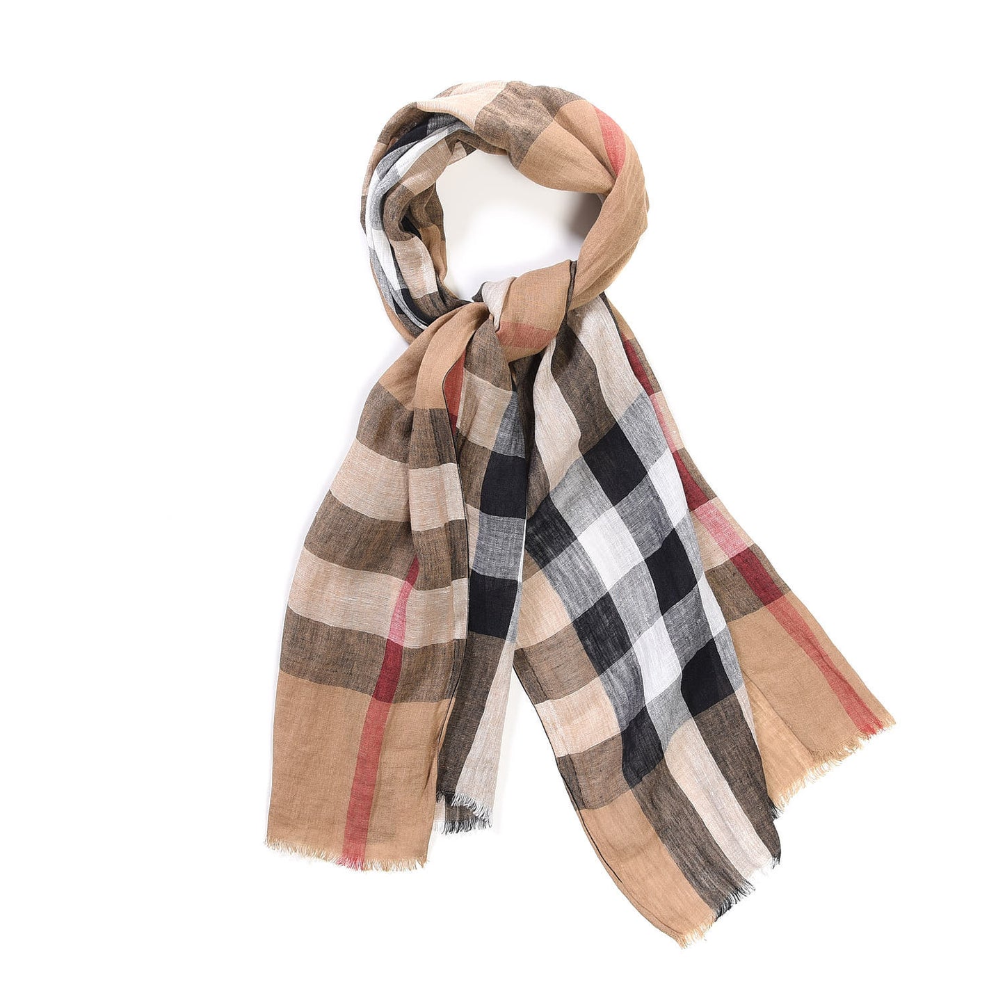 Linen Giant Check Lightweight Scarf Camel