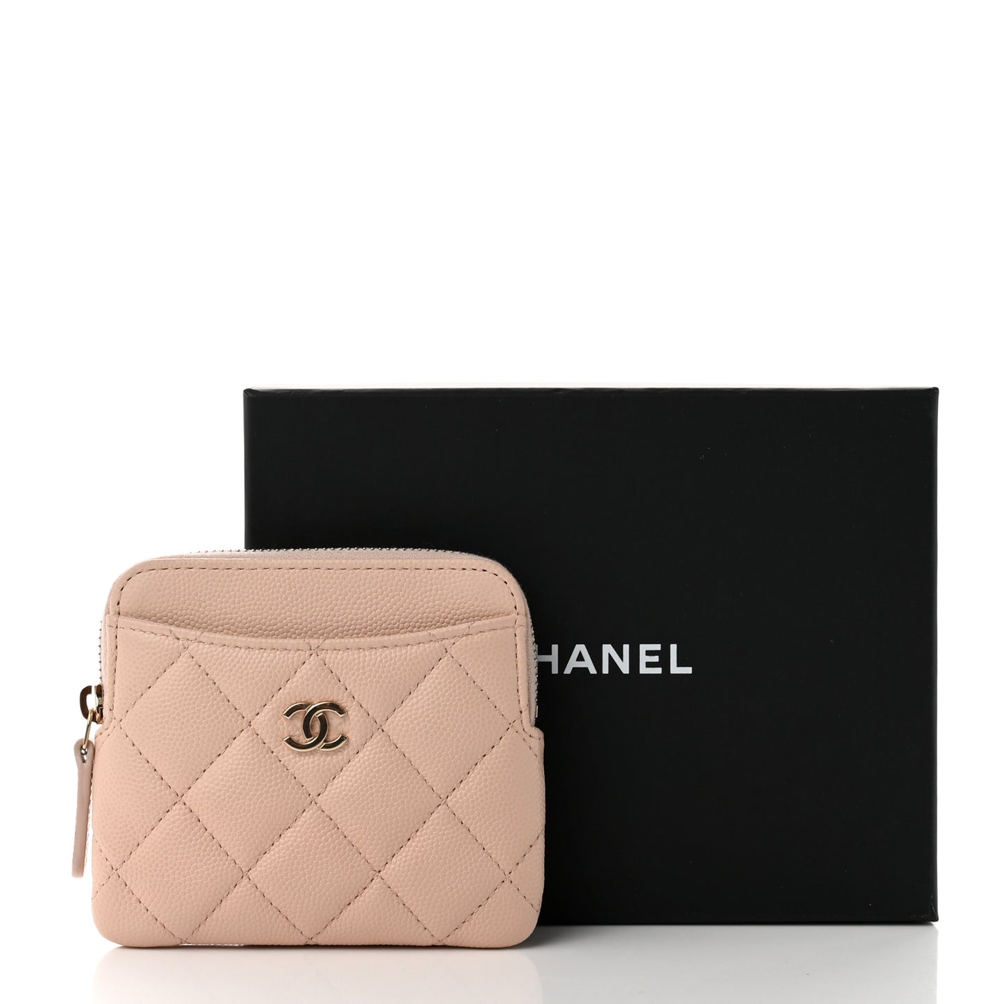 Caviar Quilted Zip Card Holder Wallet Light Beige