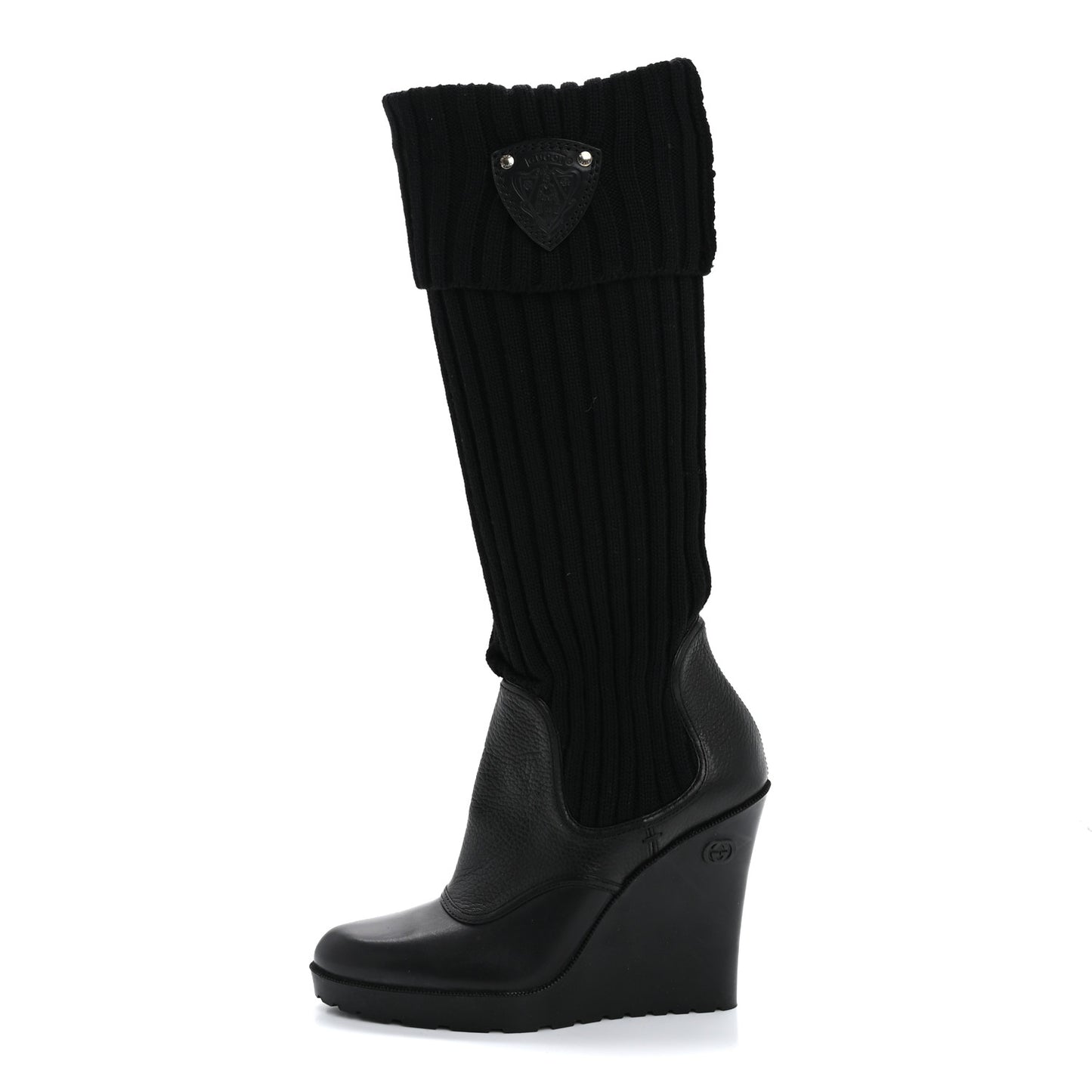 Wool Calfskin Knee Length Sock Boots 37.5 Black