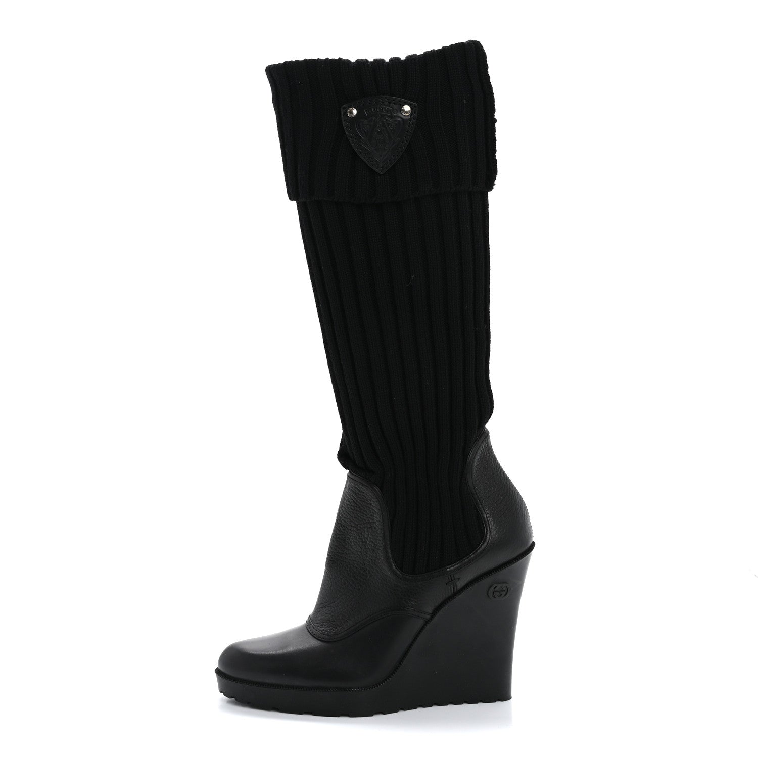Gucci Wool Calfskin Knee Length Sock Boots 37.5 Black 1 of 11