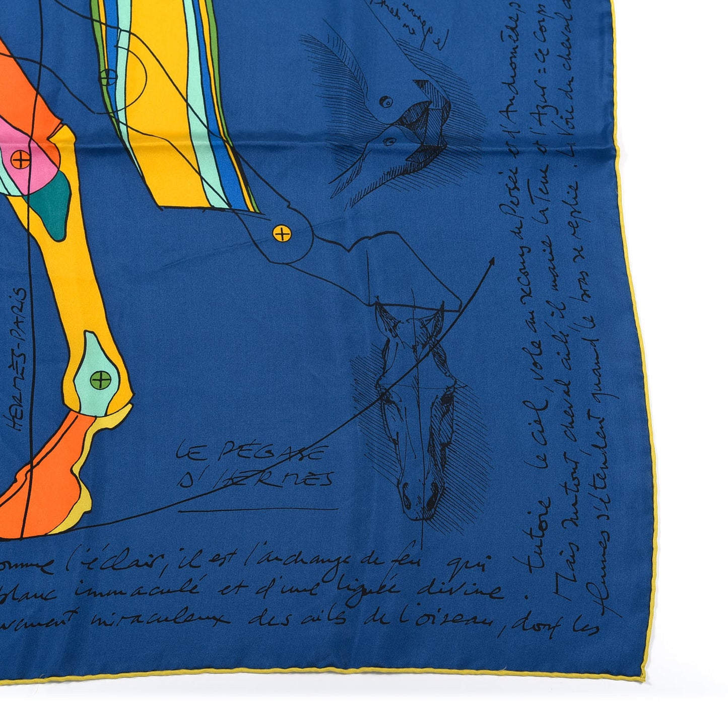 Silk Le Pegase d'Hermes Cut Wash 140 Scarf Marine Jaune Vif Multicolore