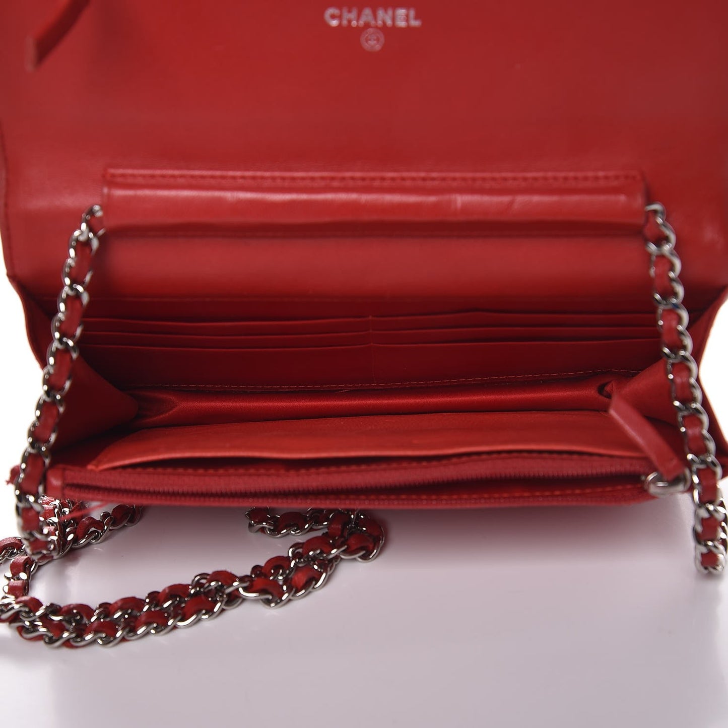 Lambskin Camellia Embossed Wallet On Chain WOC Red