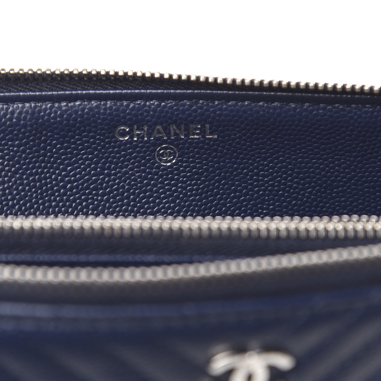 Caviar Chevron Quilted Large Zipped Clutch Navy