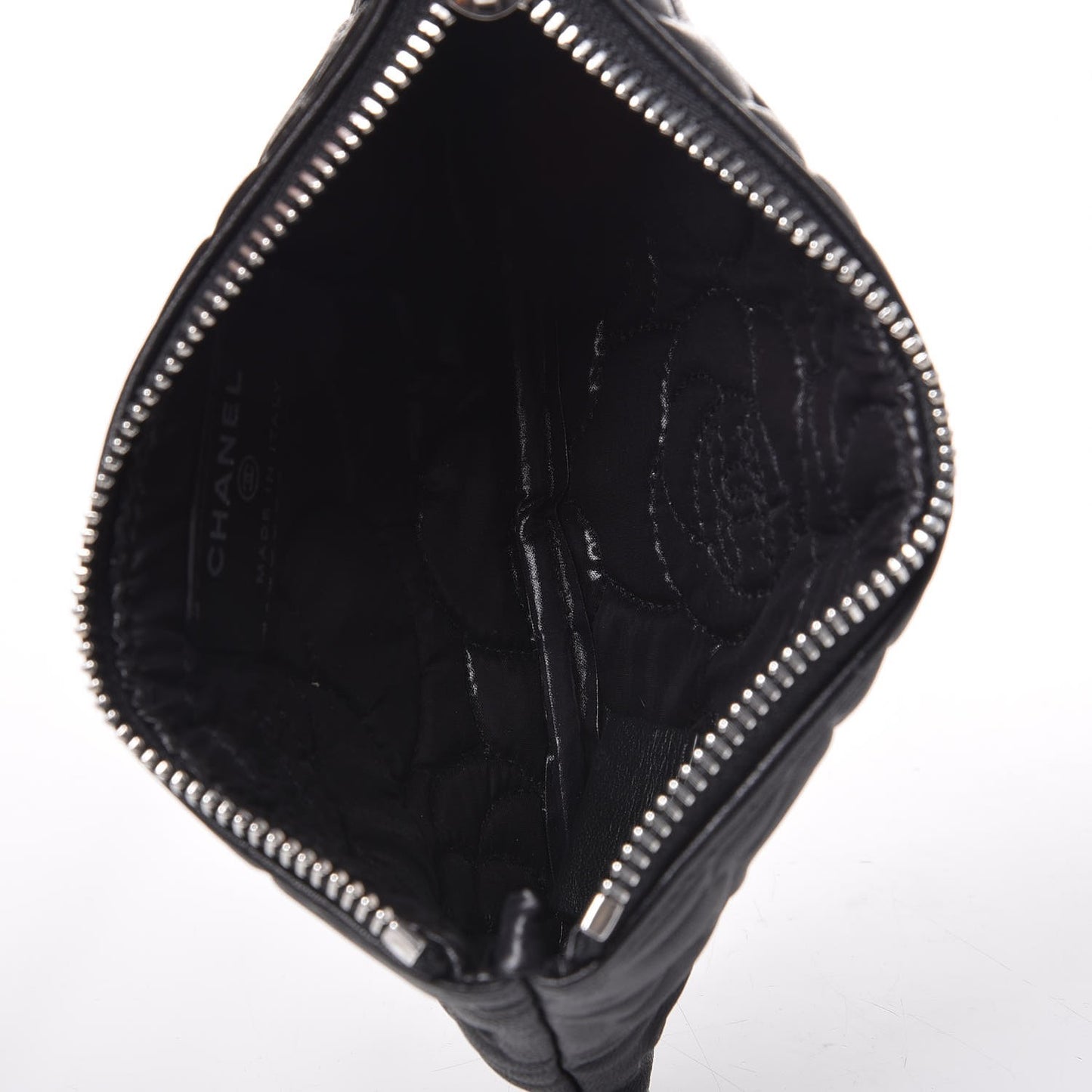 Goatskin Camellia Embossed Cosmetic Pouch Black