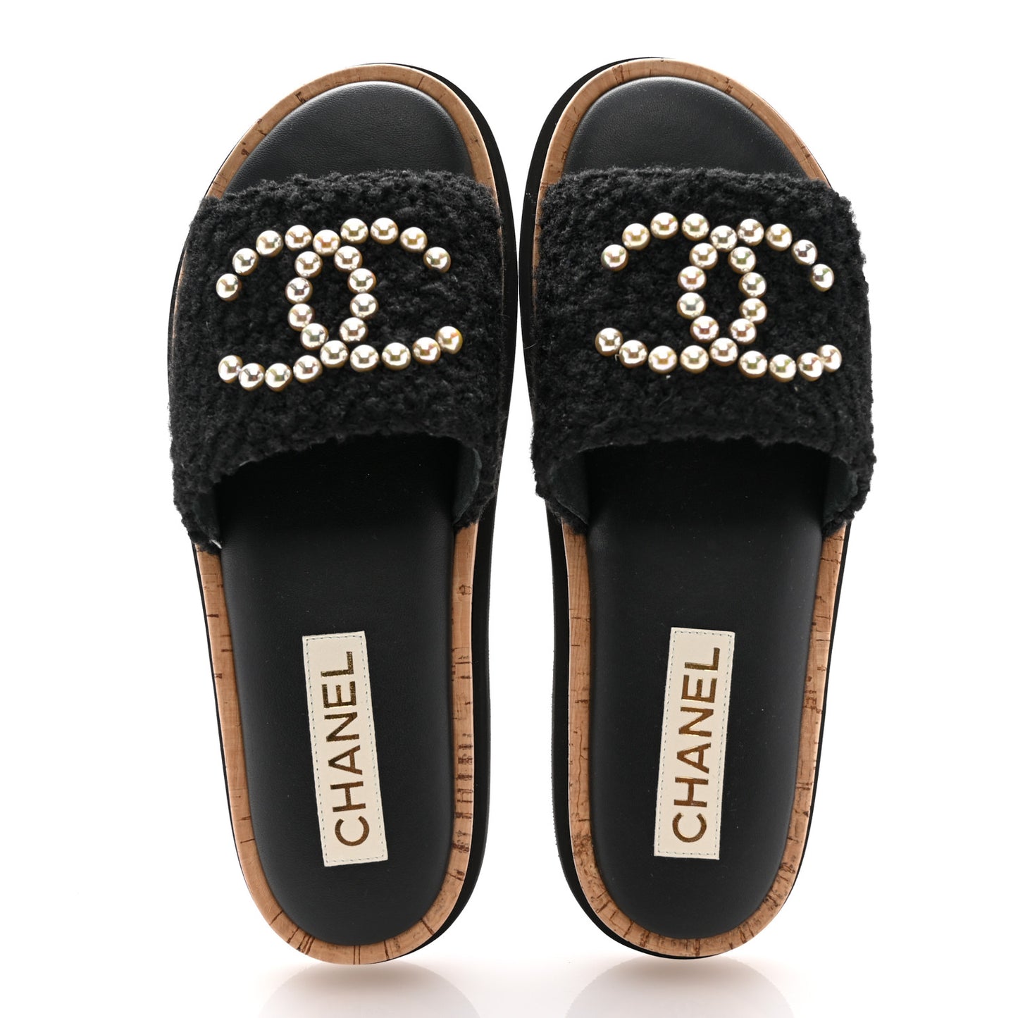 Fabric Pearl Cork CC Slip On Sandals 39 Black