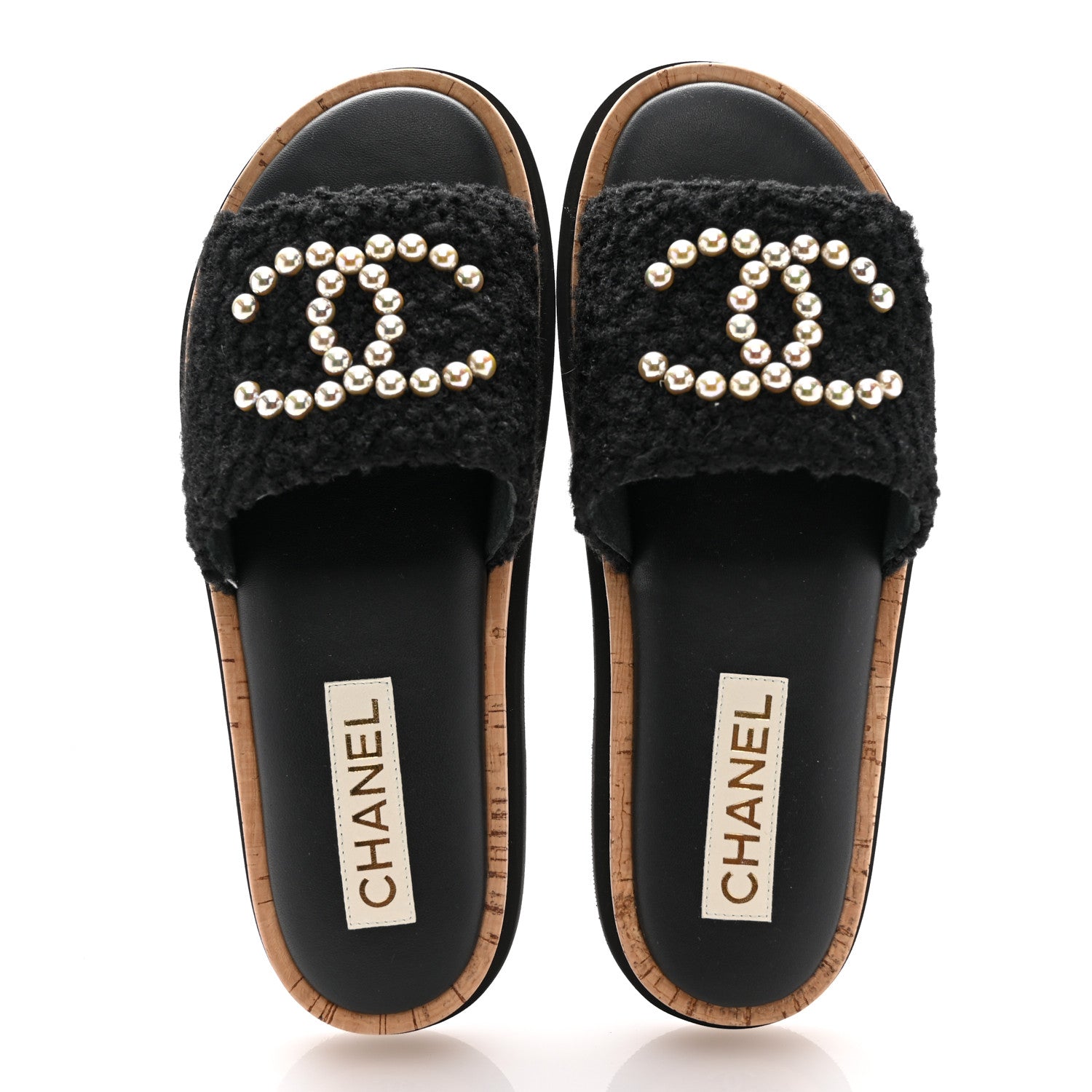 Chanel Fabric Pearl Cork CC Slip On Sandals 39 Black 2 of 11