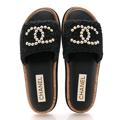 Chanel Fabric Pearl Cork CC Slip On Sandals 39 Black 2 of 11