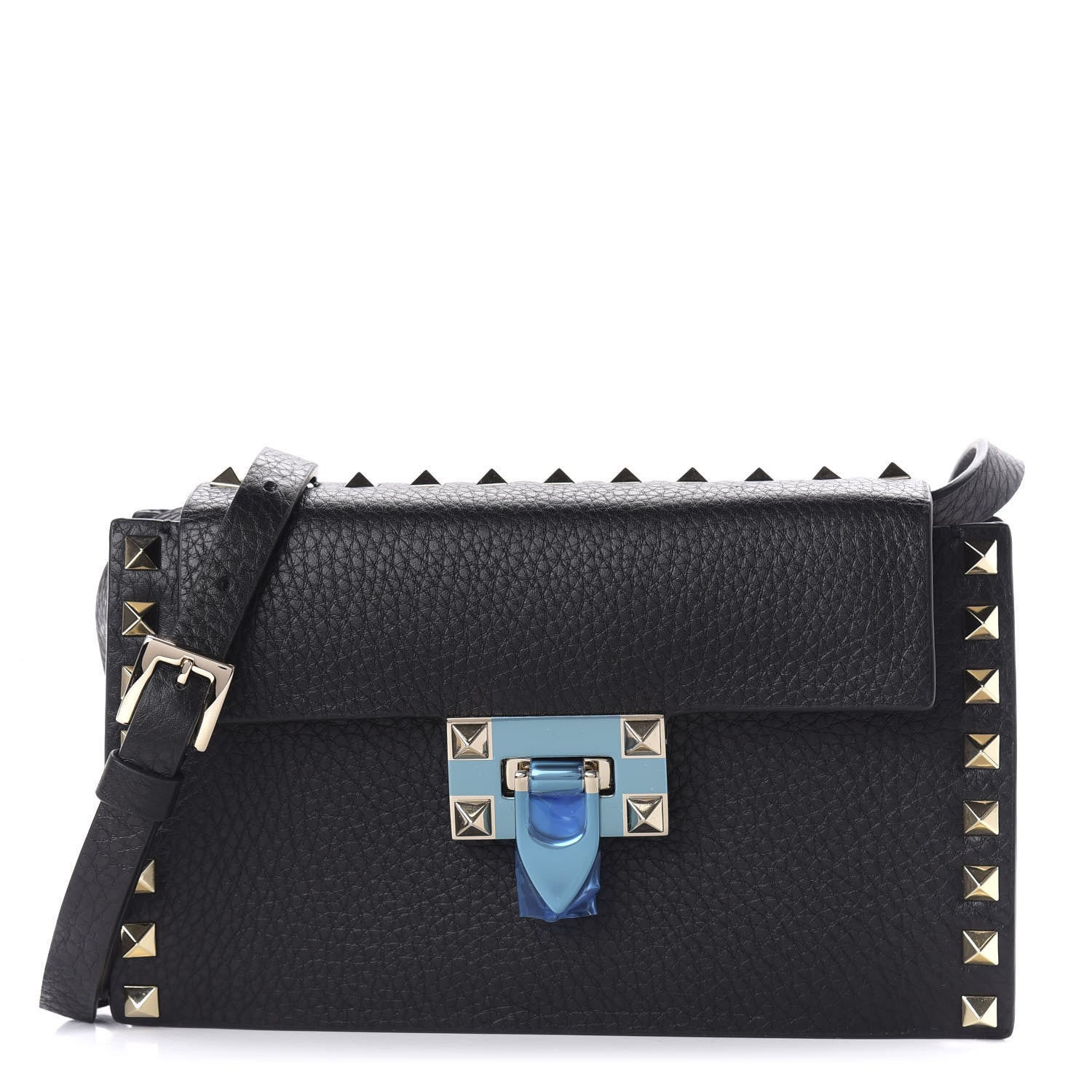 Valentino Garavani Pebbled Calfskin Small Rockstud Overlay Flap Shoulder Bag Black 1 of 9