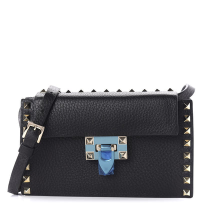 Valentino Garavani Pebbled Calfskin Small Rockstud Overlay Flap Shoulder Bag Black 1 of 9