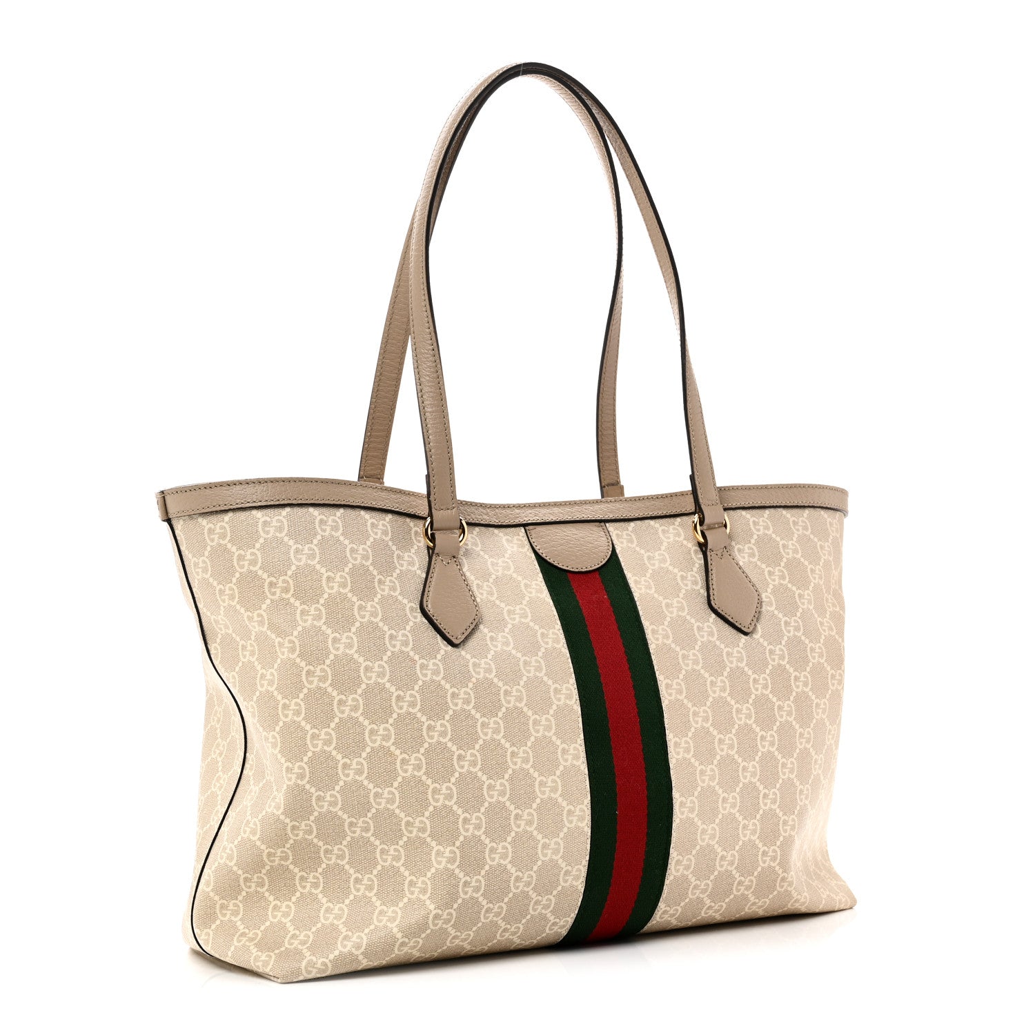 Gucci GG Supreme Monogram Textured Dollar Calfskin Web Medium Ophidia Shopping Tote Beige Mystic White Oatmeal 3 of 10