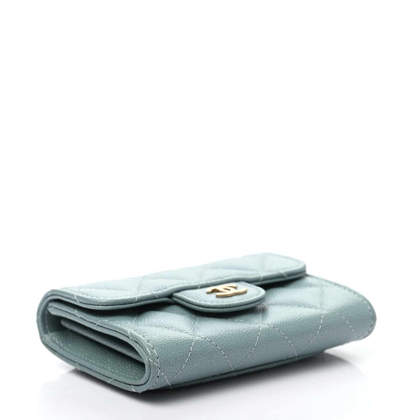 Iridescent Caviar Quilted Flap Card Holder Wallet Light Blue