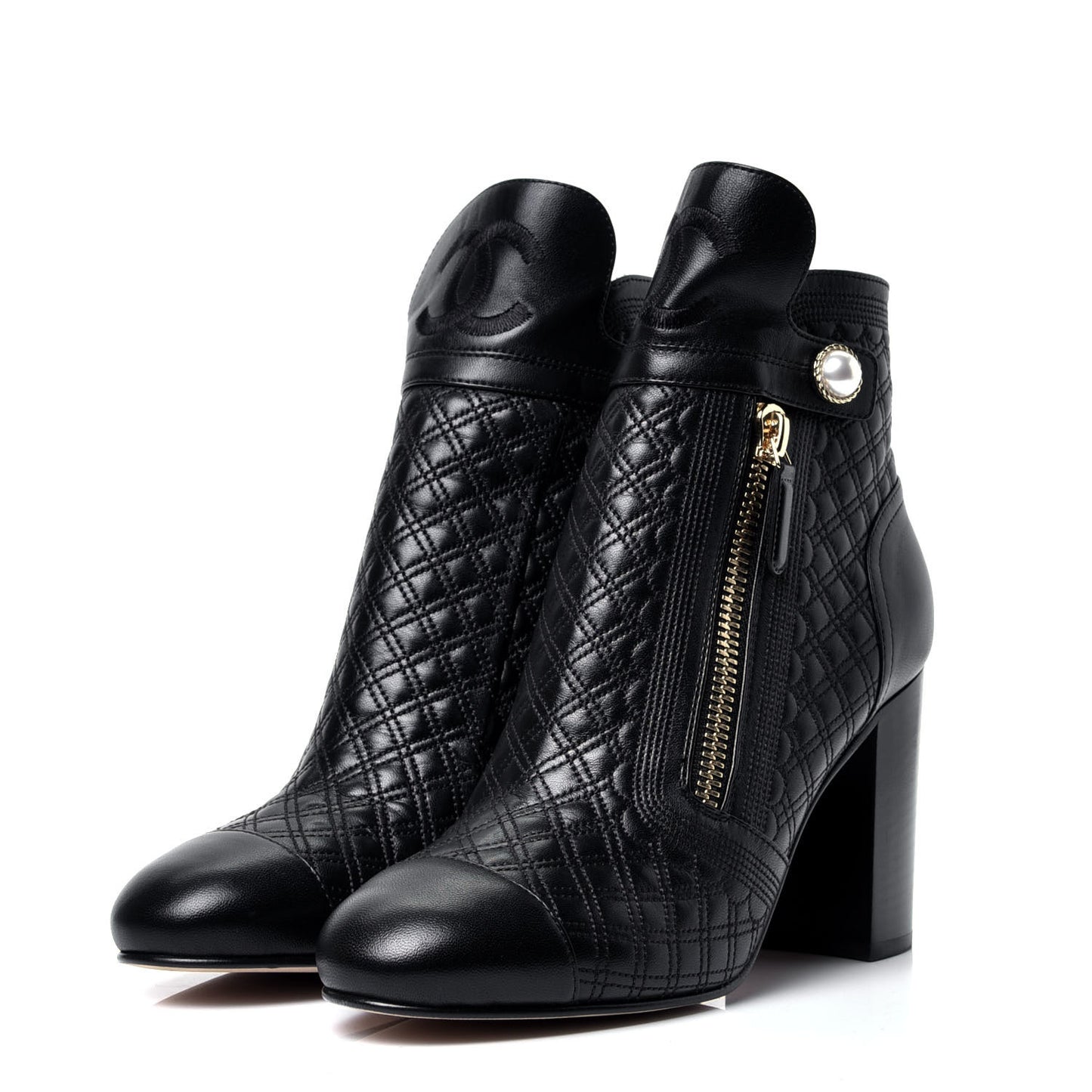 Lambskin Pearl Qulited CC Cap Toe Short Boot 40 Black