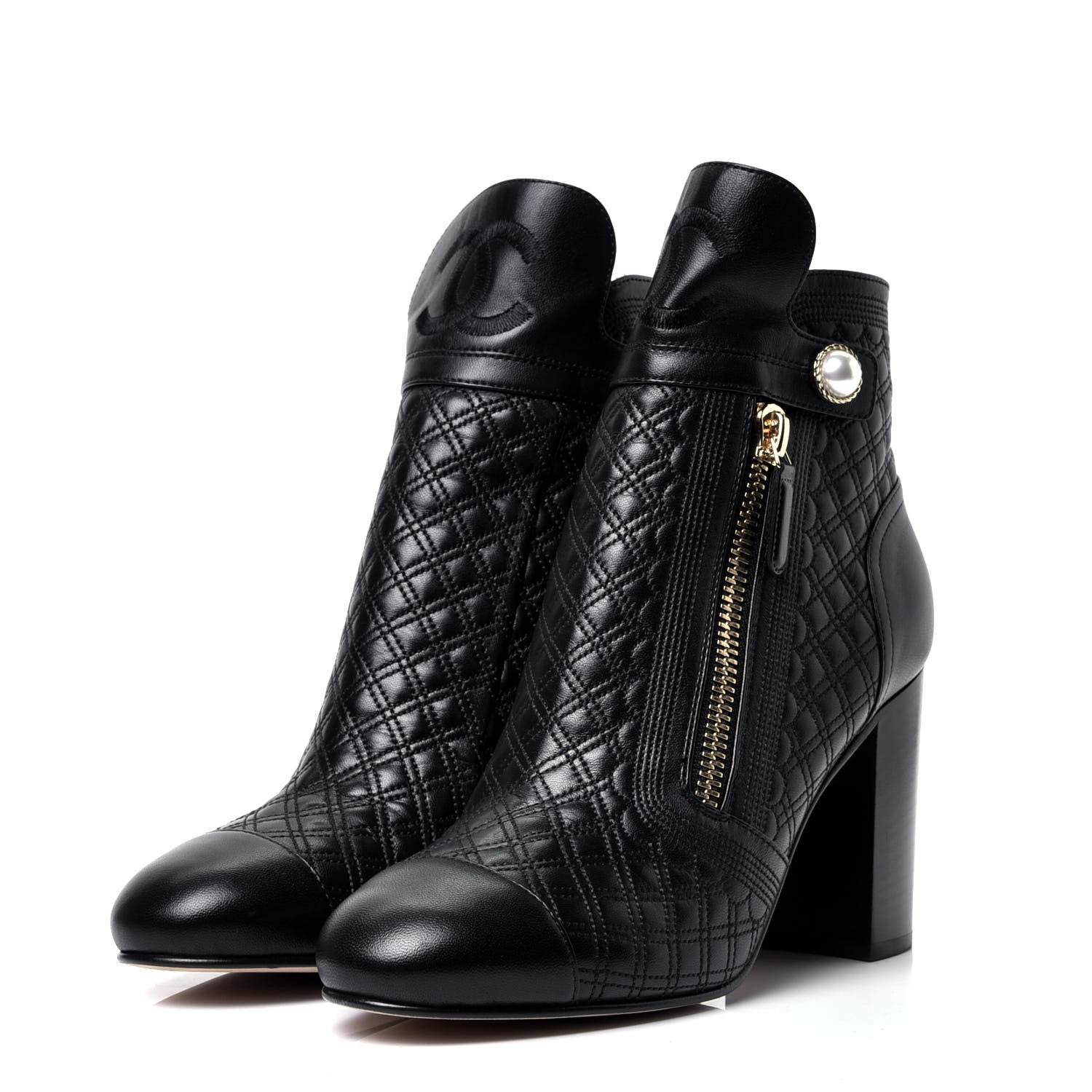 Chanel Lambskin Pearl Qulited CC Cap Toe Short Boot 40 Black 4 of 9