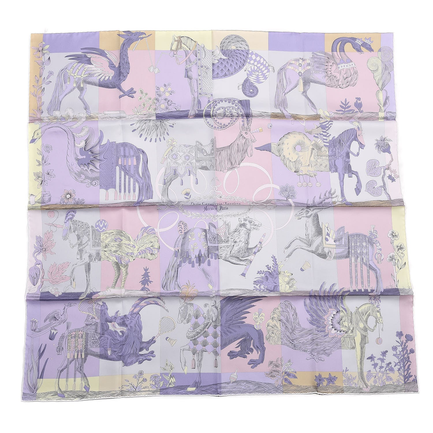 Hermes Silk Della Cavalleria Favolosa Scarf 90 Parme Gris Perle Jaune Soufre 1 of 3