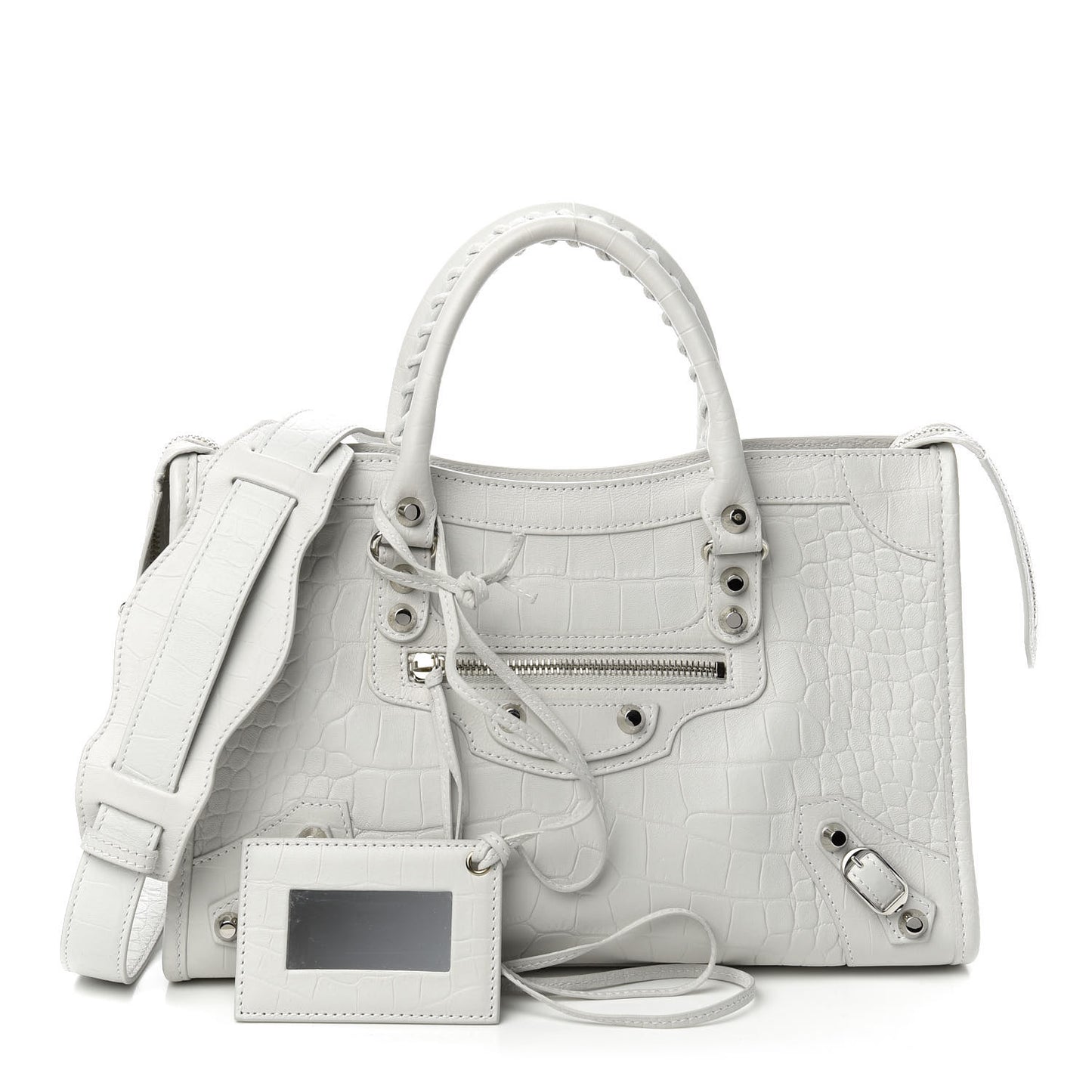 Matte Supple Lambskin Crocodile Embossed Classic Silver Hardware S City White