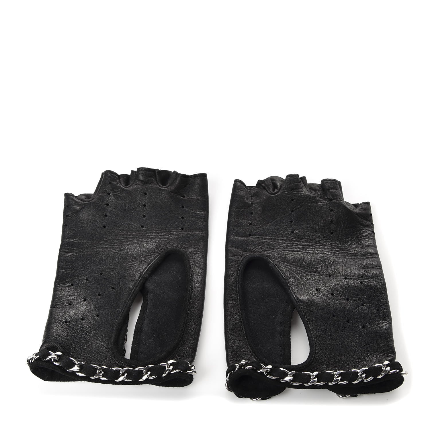 Chanel Lambskin Fingerless Chain CC Gloves 7.5 Black 1 of 6