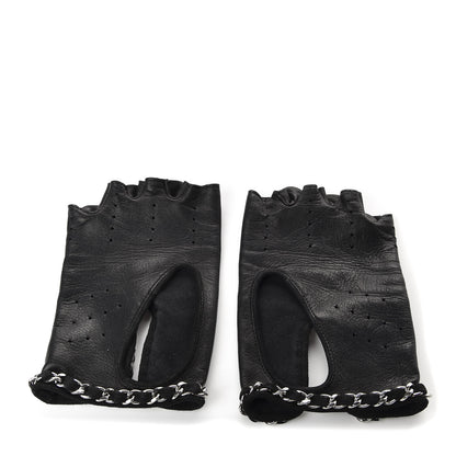 Chanel Lambskin Fingerless Chain CC Gloves 7.5 Black 1 of 6