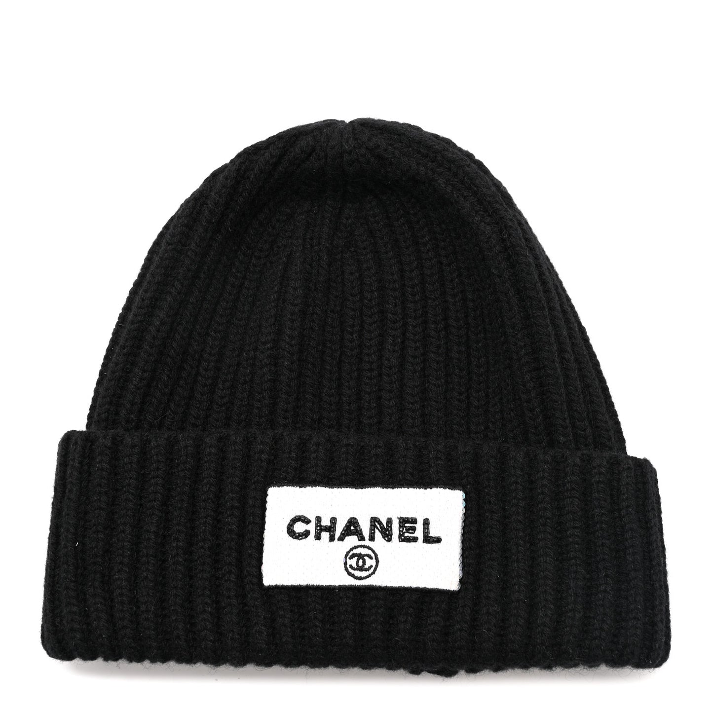Cashmere Beaded Sequin Logo Beanie Hat Black