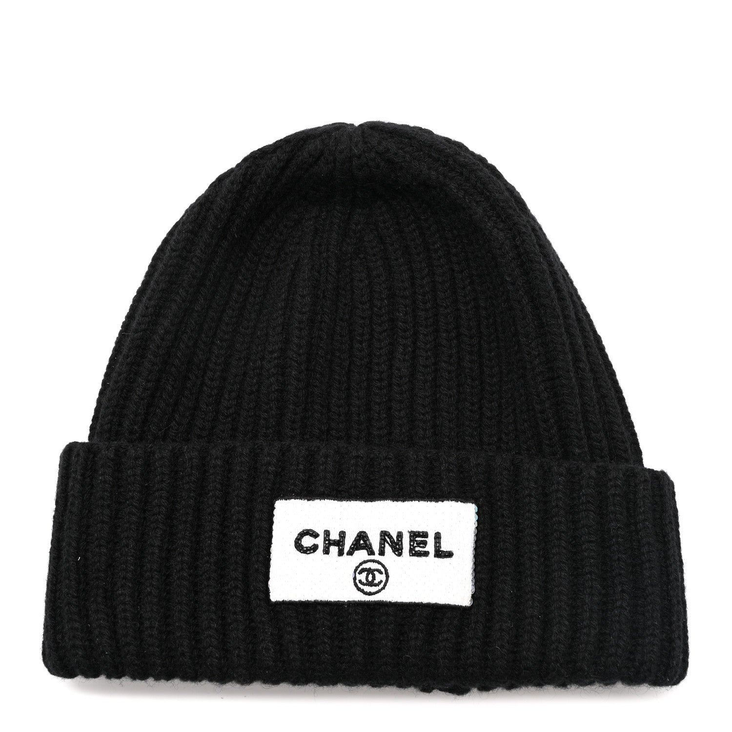 Chanel Cashmere Beaded Sequin Logo Beanie Hat Black 1 of 5