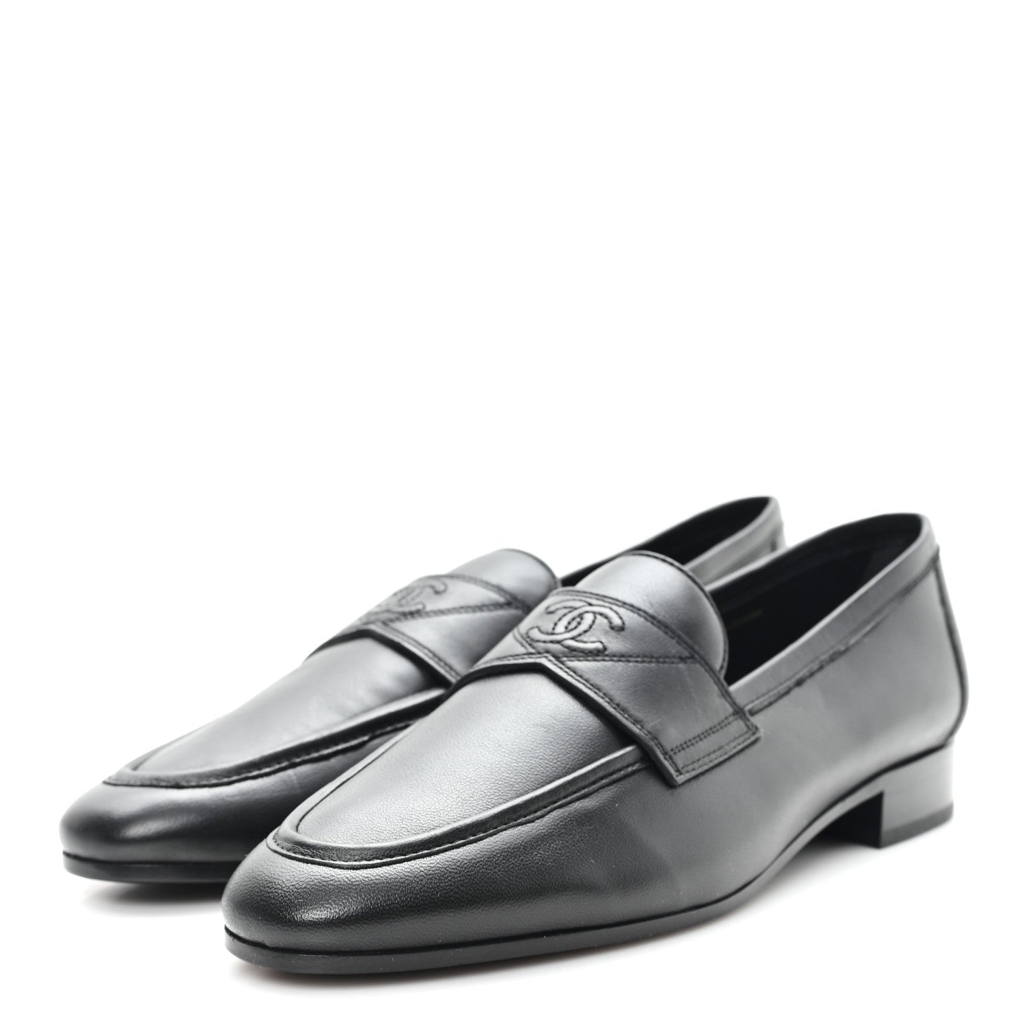 Chanel Calfskin Womens Stitched CC Loafers 38 Black 1843211