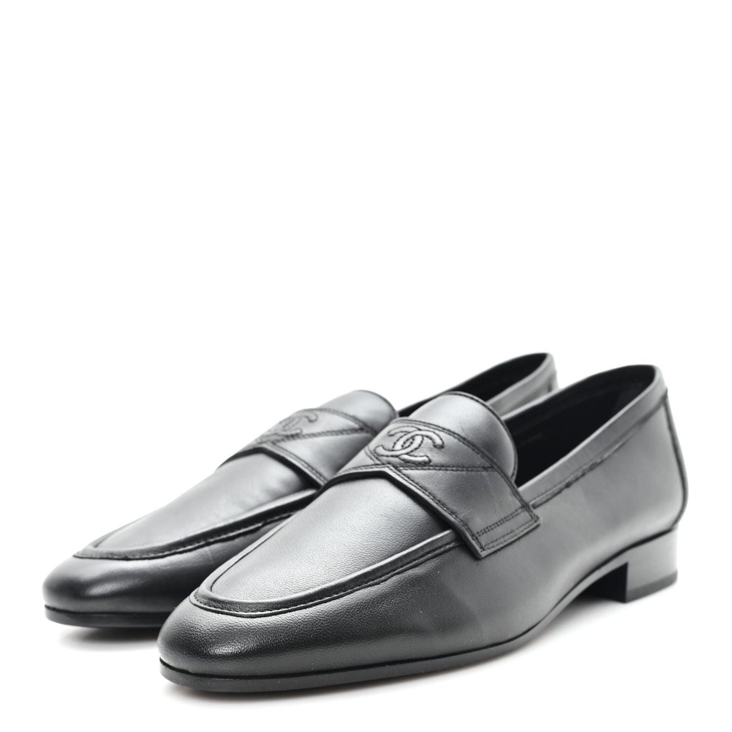 Calfskin Womens Stitched CC Loafers 38 Black
