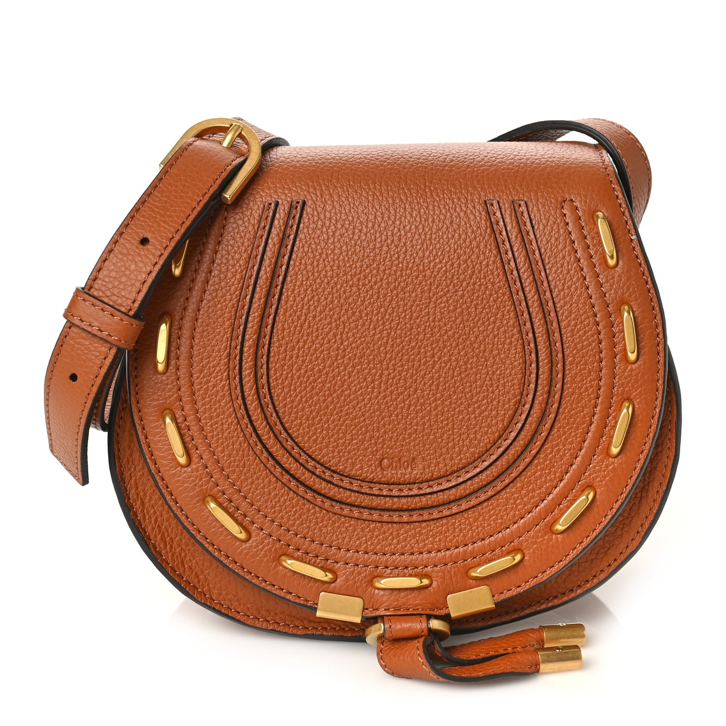 Grained Calfskin Studded Small Marcie Saddle Tan
