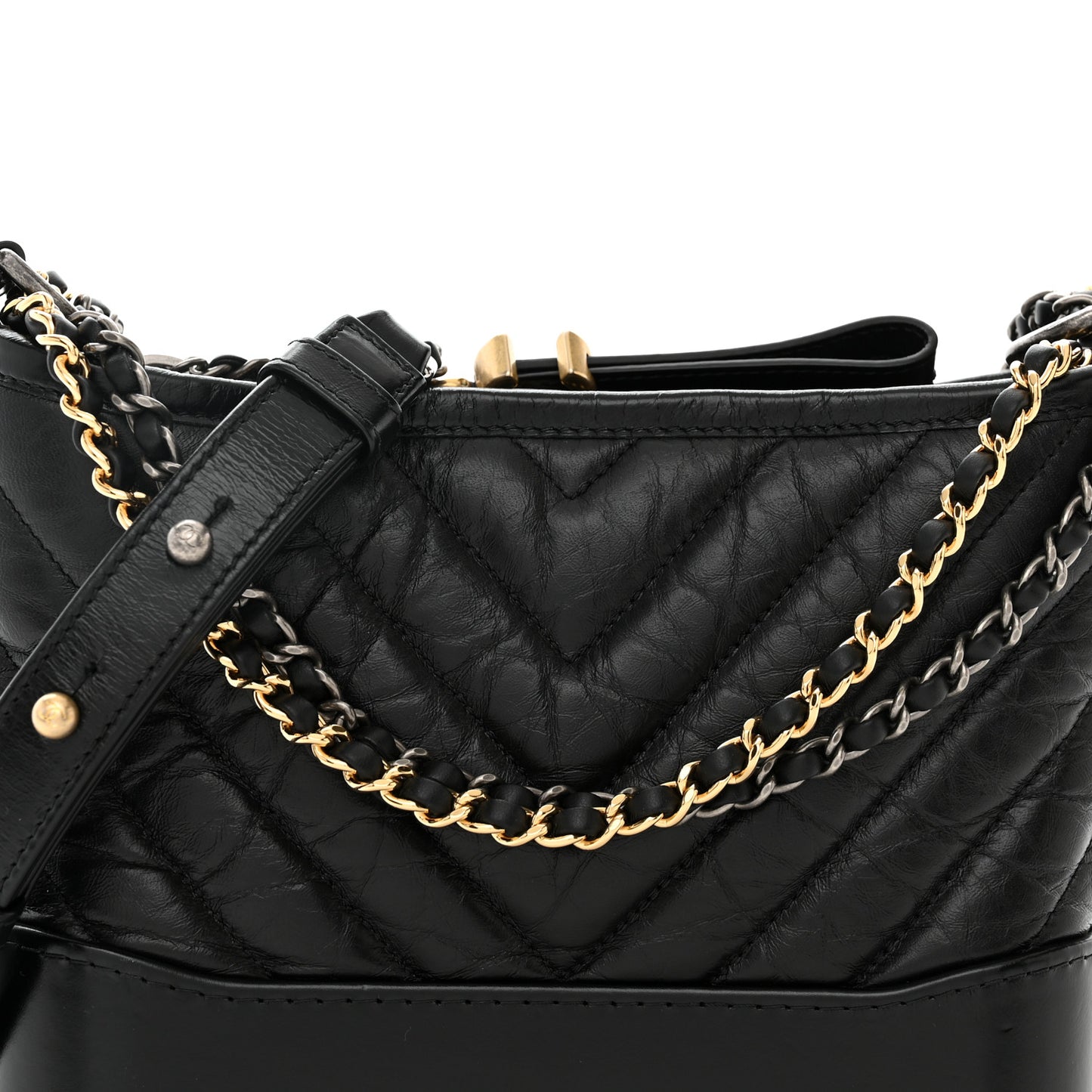 Aged Calfskin Chevron Quilted Small Gabrielle Hobo Black