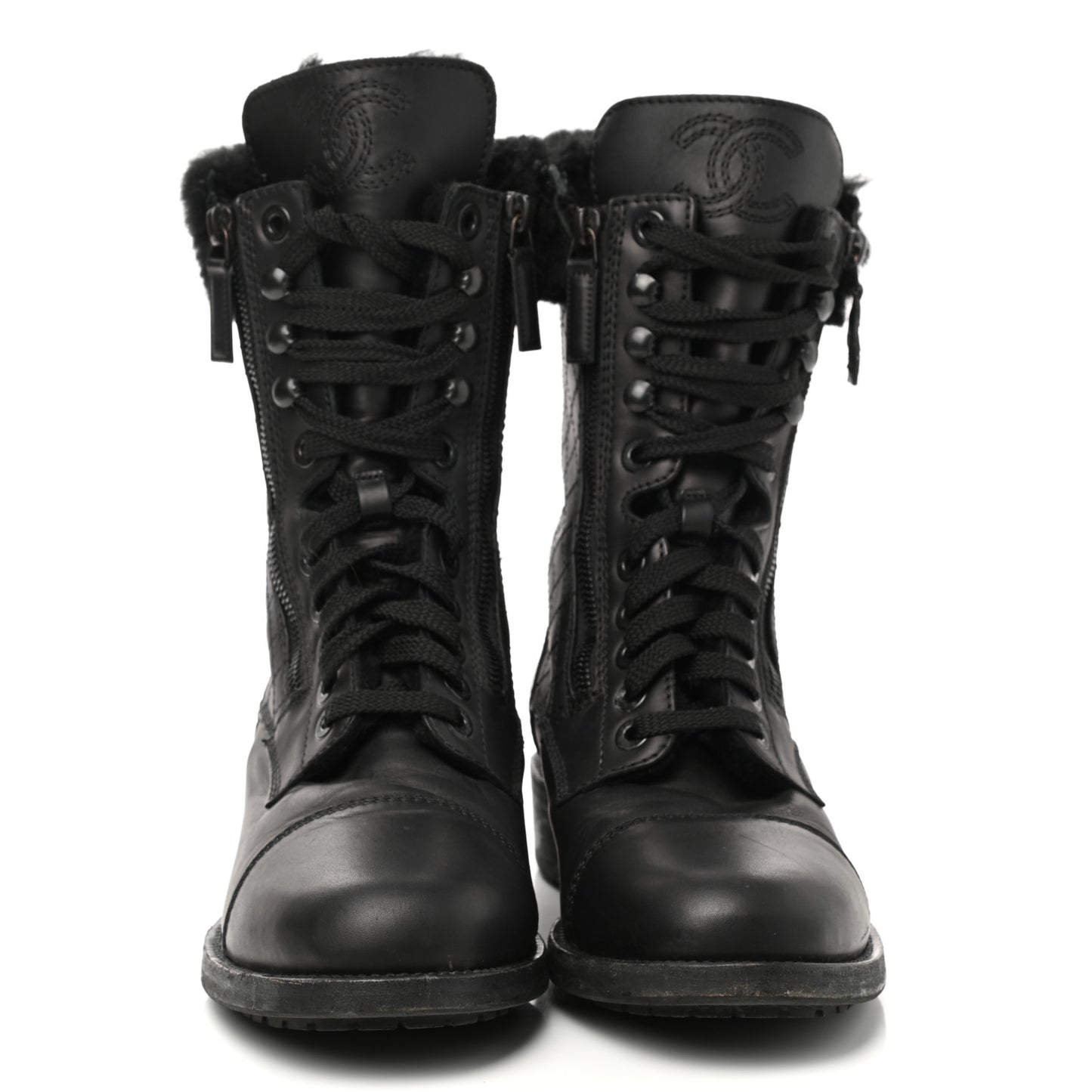 Calfskin Shearling Quilted Cap Toe Combat Boots 39.5 Black