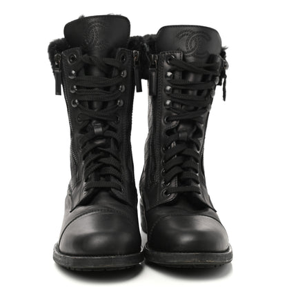 Chanel Calfskin Shearling Quilted Cap Toe Combat Boots 39.5 Black 2 of 9