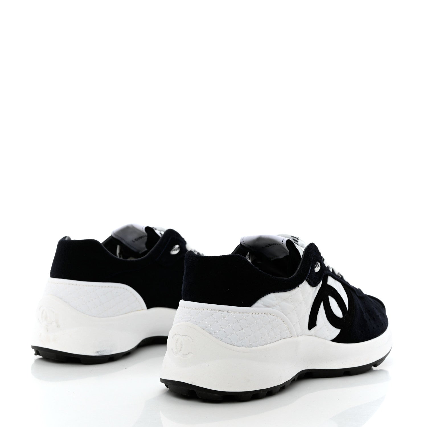 Chanel Suede Perforated Womens CC Sneakers 38.5 Navy White 4 of 10