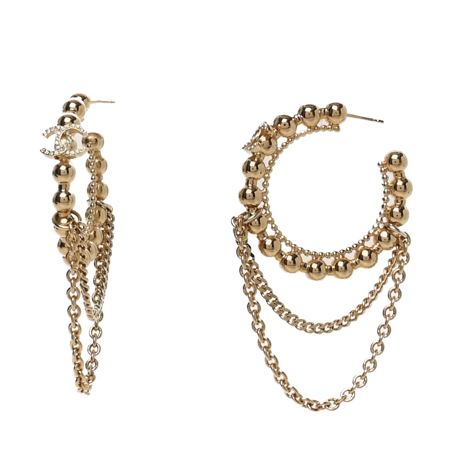 Chanel Metal Crystal Bead Chain CC Hoop Earrings Gold 1 of 4