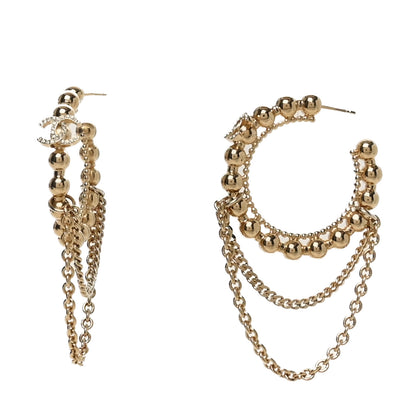 Chanel Metal Crystal Bead Chain CC Hoop Earrings Gold 1 of 4