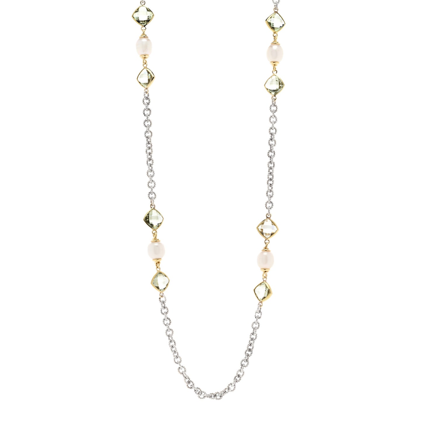 Sterling Silver 18K Yellow Gold Prasiolite Pearl Figaro Chain Necklace