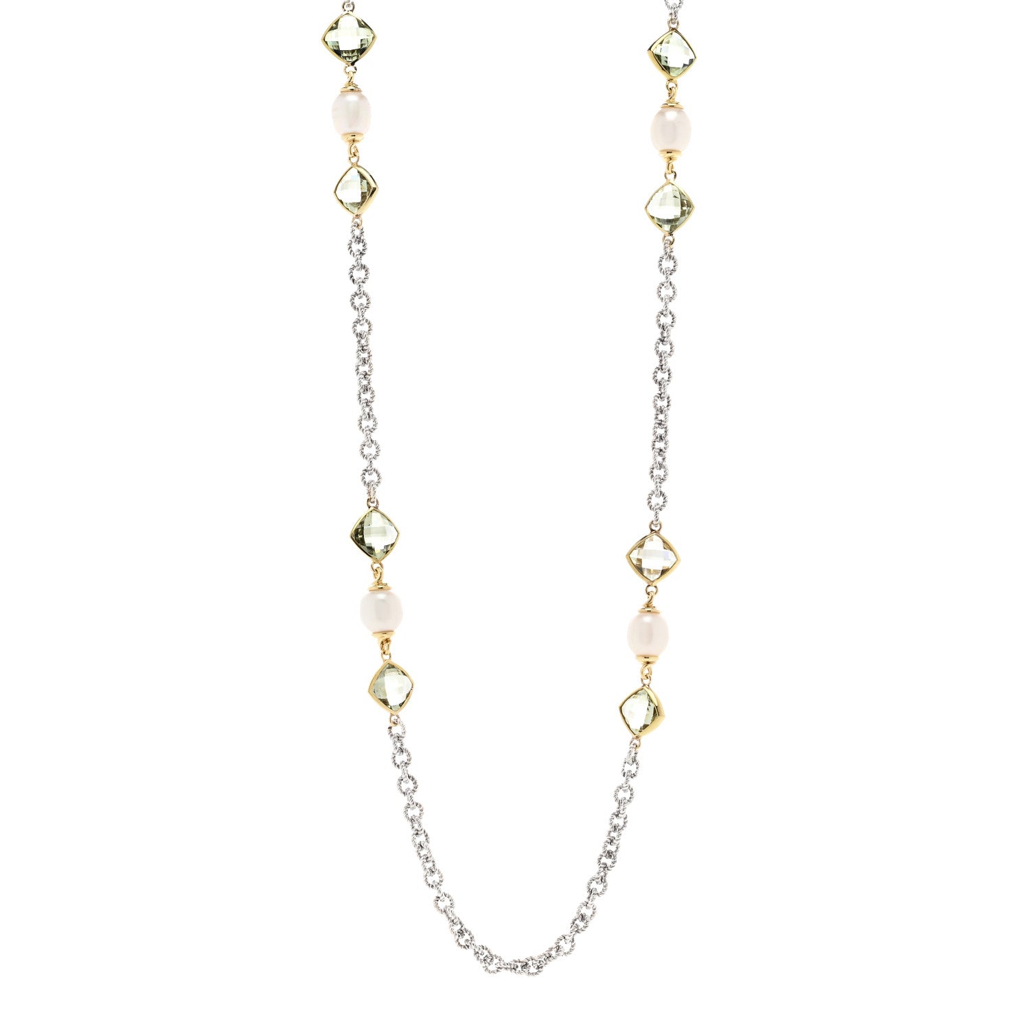 David Yurman Sterling Silver 18K Yellow Gold Prasiolite Pearl Figaro Chain Necklace 1 of 4