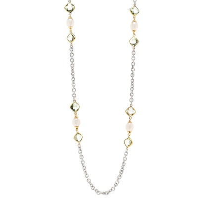 David Yurman Sterling Silver 18K Yellow Gold Prasiolite Pearl Figaro Chain Necklace 1 of 4