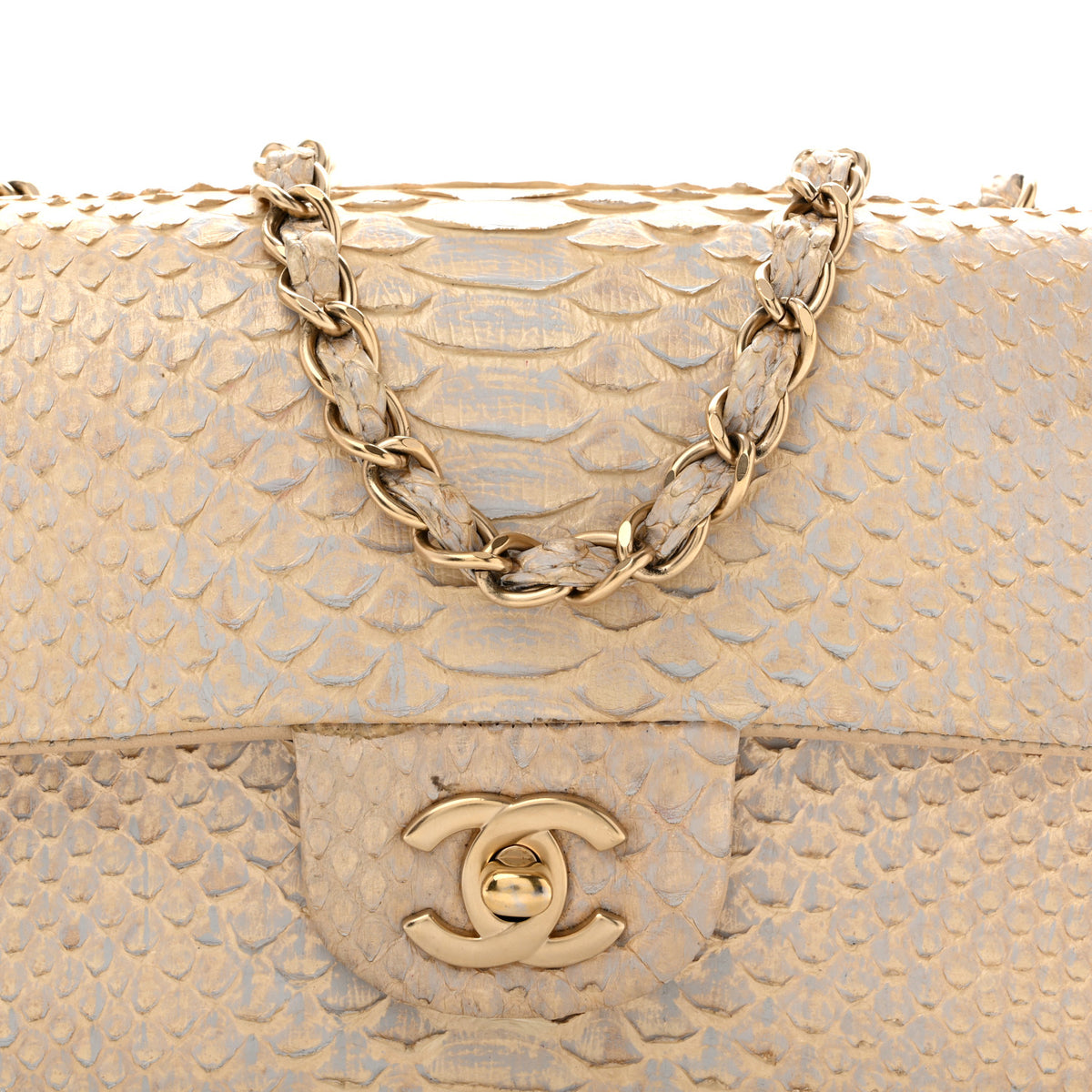 Metallic Snakeskin Mini Rectangular Flap White Gold