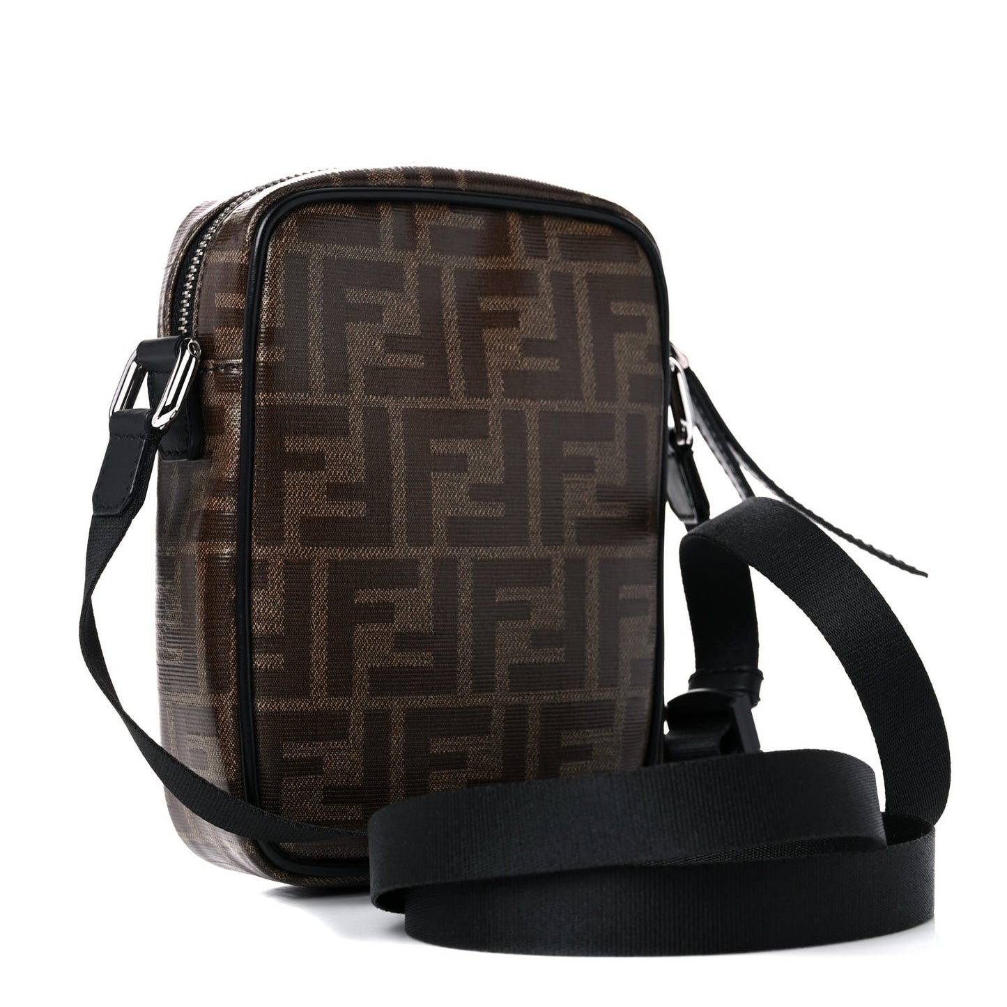 Glazed Fabric Vitello Century FF 1974 Stamp Patch Small Crossbody Messenger Mogano Panna Black