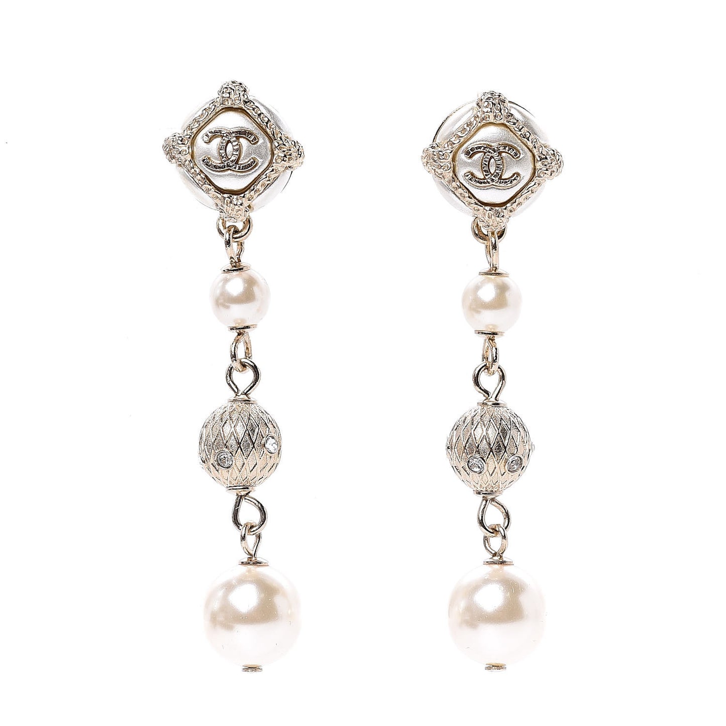 Pearl Crystal CC Drop Earrings Gold