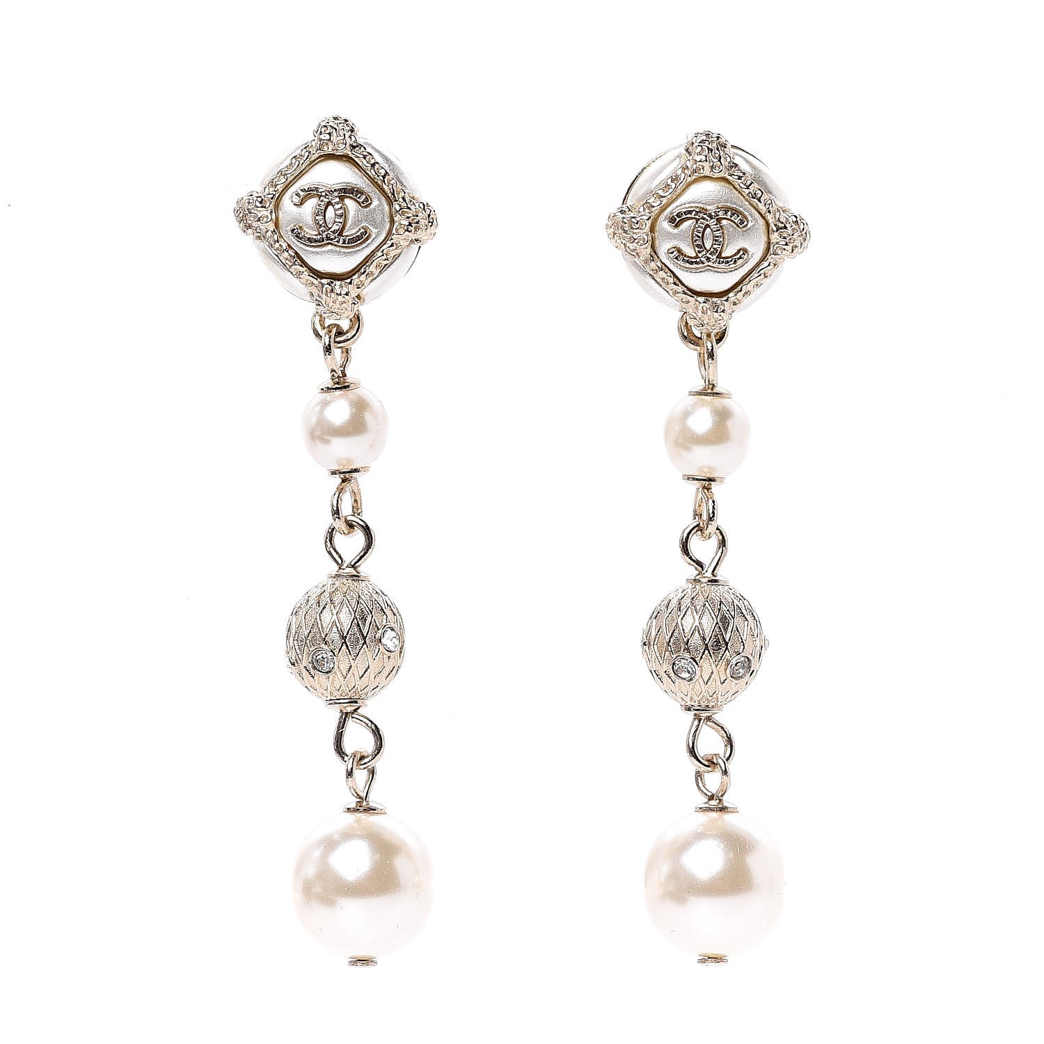 Chanel Pearl Crystal CC Drop Earrings Gold 1 of 5