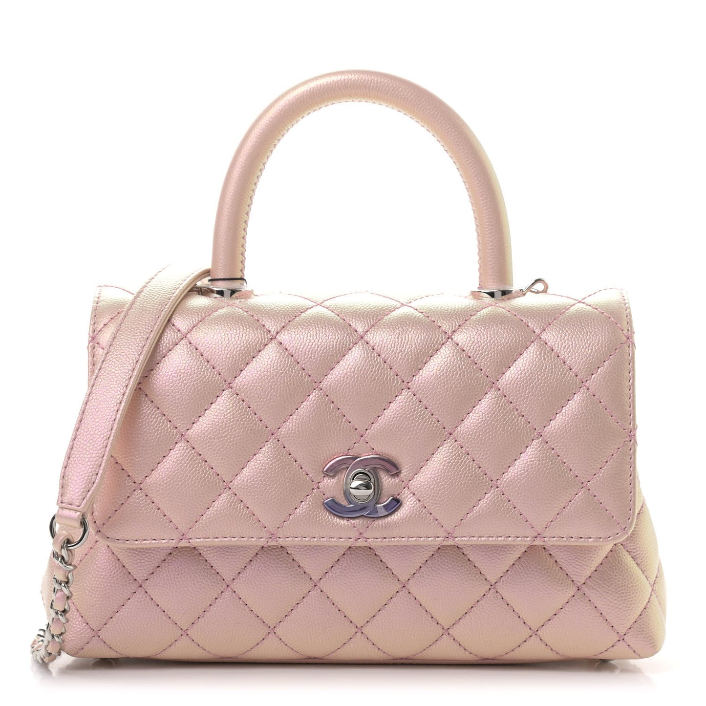 Iridescent Caviar Quilted Mini Coco Handle Flap Pink