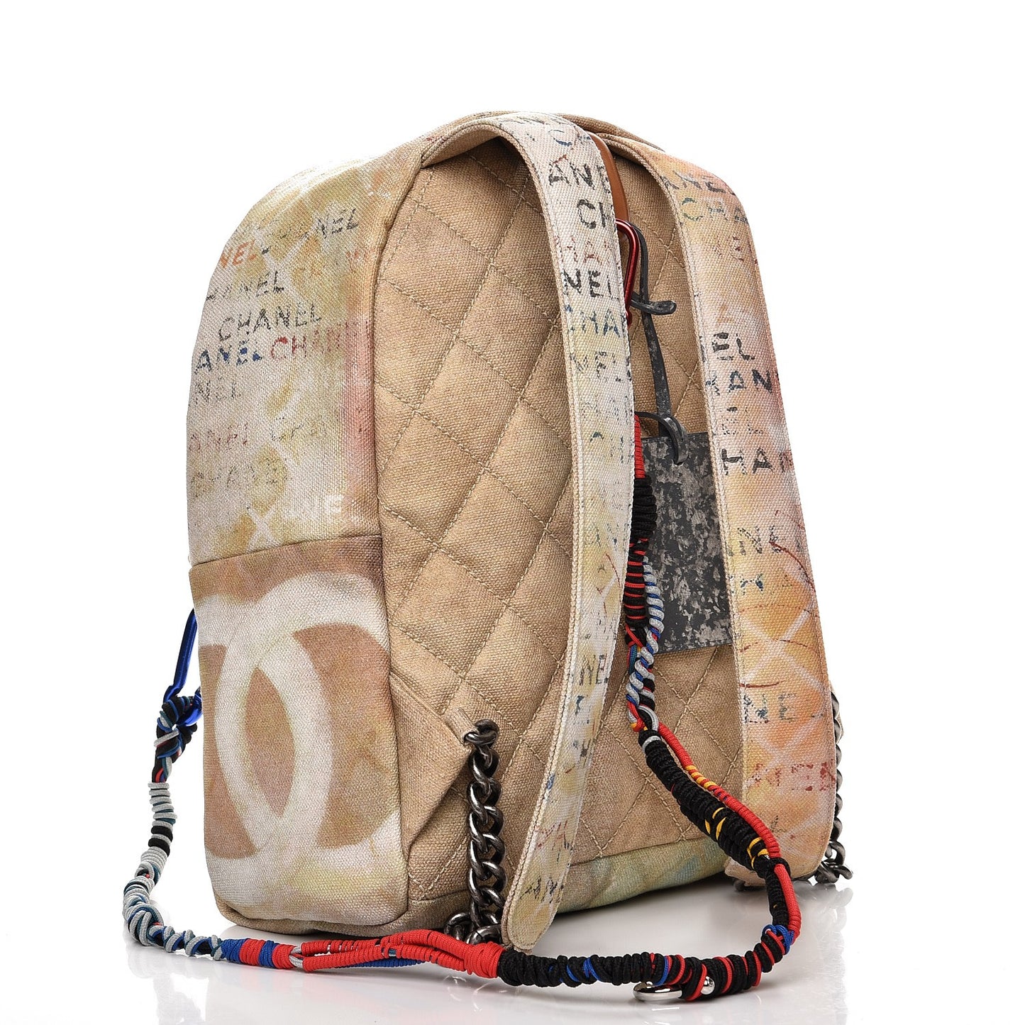 Graffiti Printed Canvas Medium Backpack Beige