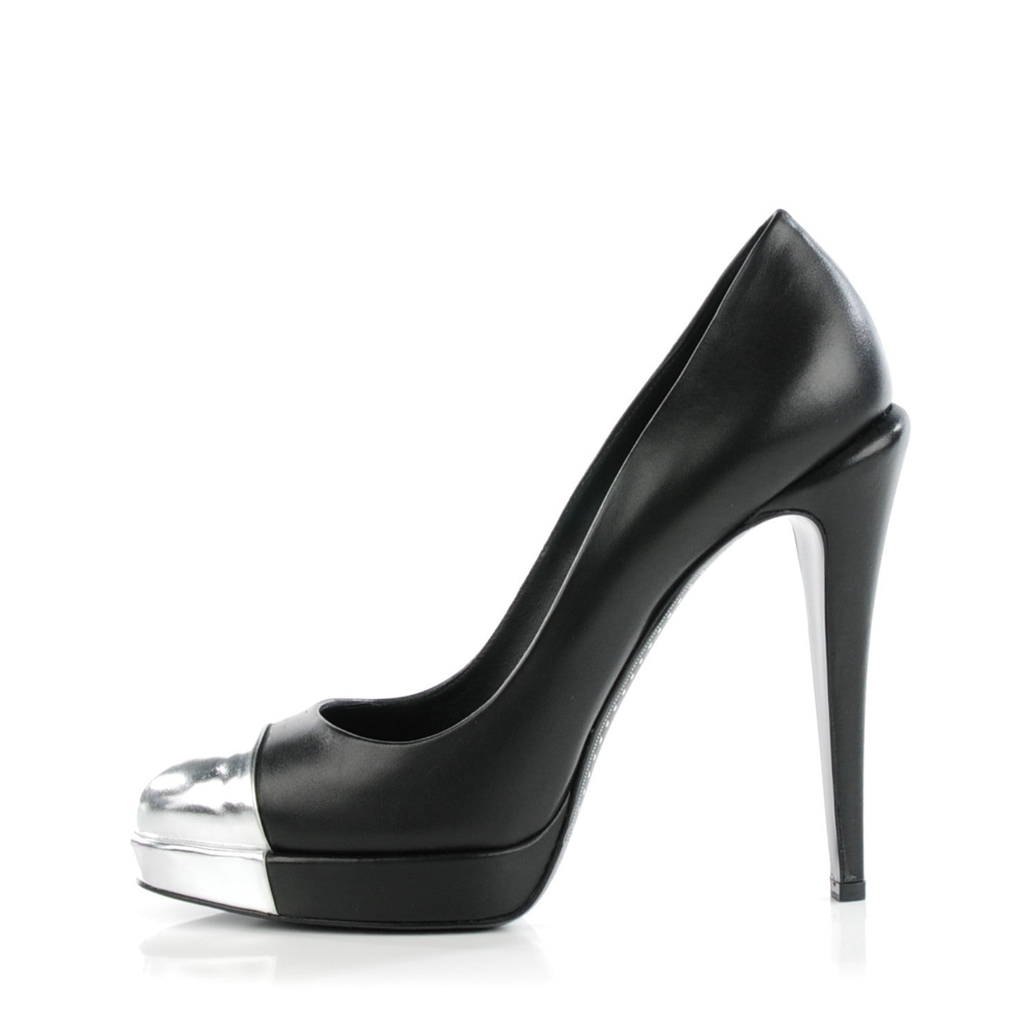 Chanel Calfskin Silver Cap Toe CC Pumps 40.5 Black 1 of 9