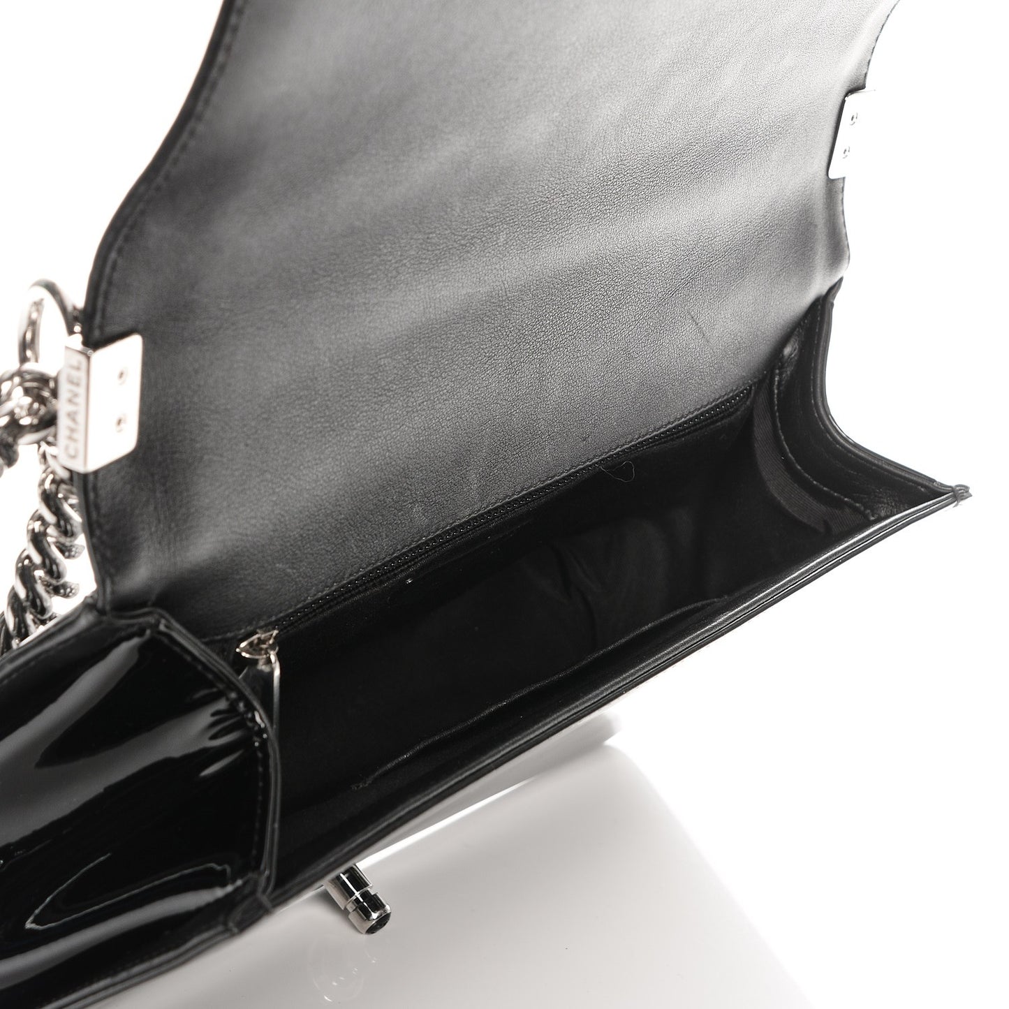Patent Calfskin Quilted New Medium Plexiglass Boy Flap Black