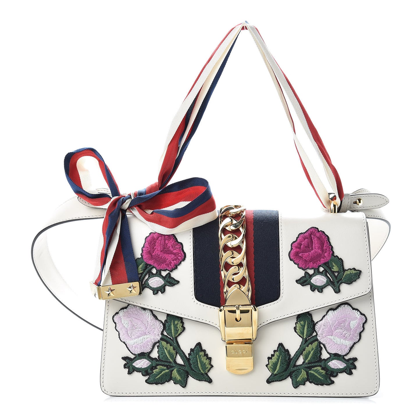 Calfskin Embroidered Small Sylvie Shoulder Bag White