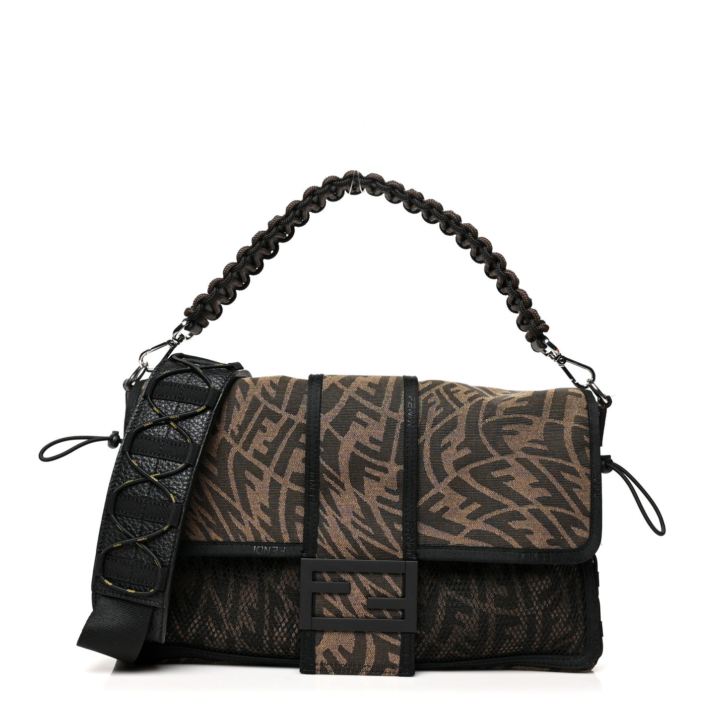 X SARAH COLEMAN Fabric Jacquard Vitello Grace FF Vertigo Woven Lanyard Large Baguette Tobacco Moro Black