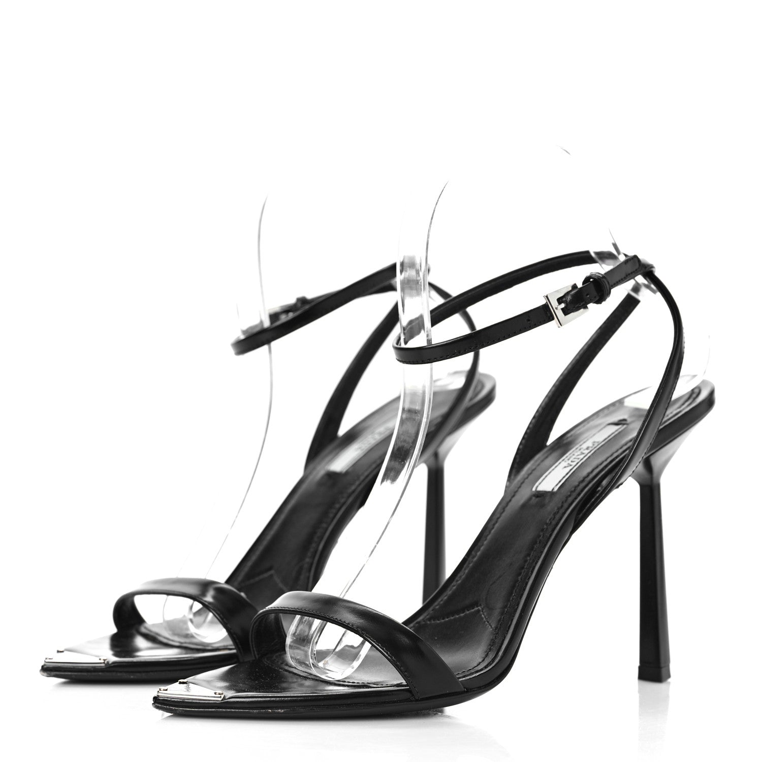 Prada Calfskin Metal Triangle Logo High Heels Sandals 39 Black 4 of 8