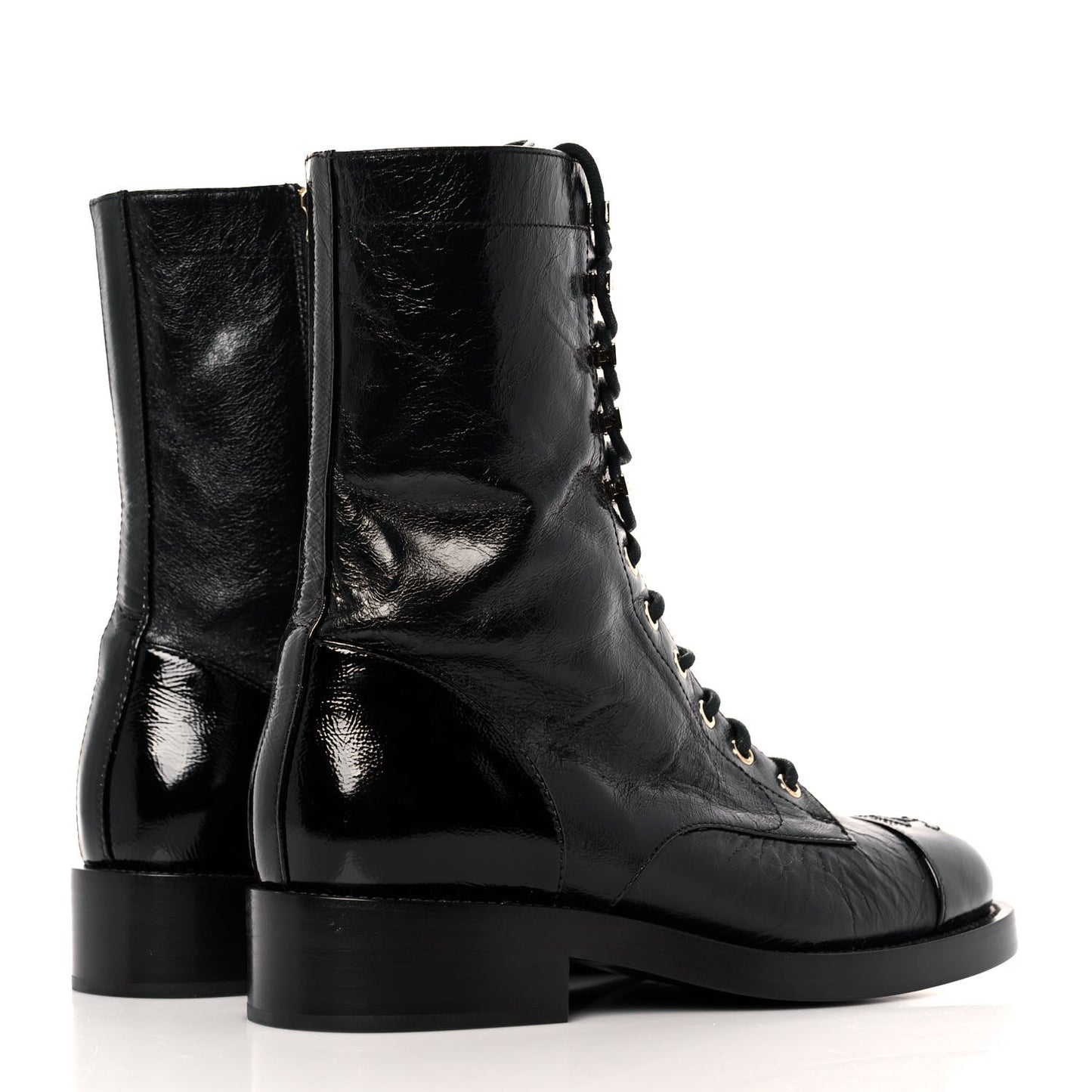 Crumpled Lambskin Shiny Calfskin Lace Up Combat Boots 38 Black